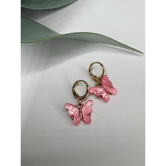 B1G2 FREE 🍁 24K Gold Plated Pink Butterfly Earrings Huggie Hoops Dangle - Picture 1 of 4
